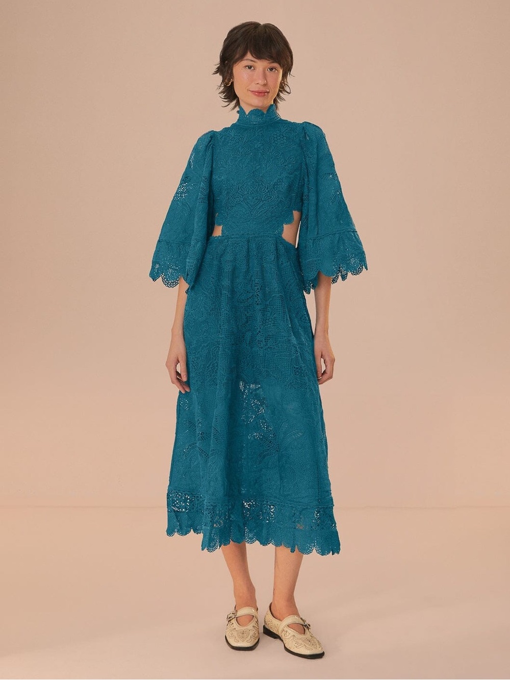 NWT FARM RIO Green Guipire Cut-Out Midi Dress
